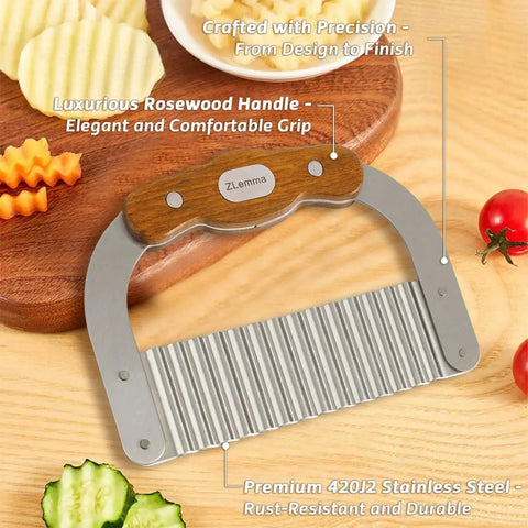Bear Shaped Wave Cutter For Kids By ZLemma, With Safe Rounded Tip, Kid Friendly Crinkle Knife For Veggies And Fruits, Rosewood Handle and Japanese 420J2 Stainless Steel Blade on a kitchen counter.