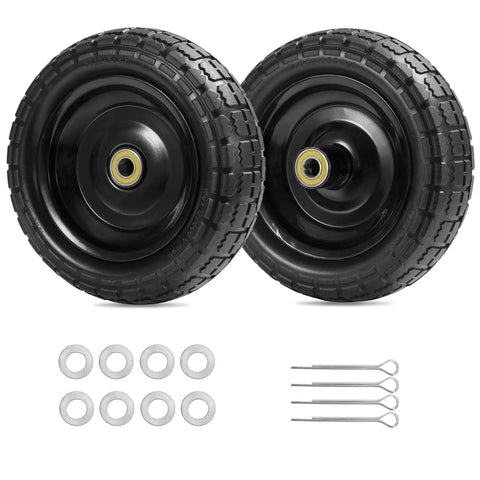 10 Inch Flat Free Solid Tire And Wheel Replacement 4.10/3.50-4 For Hand Trucks Wagons Garden Dollies Trolleys Wheelbarrows And Utility Carts 2 Pack With 2.2 Inch Offset Hub Depth And 5/8 Inch Axle Bore showing two black wheels, washers, and pins.