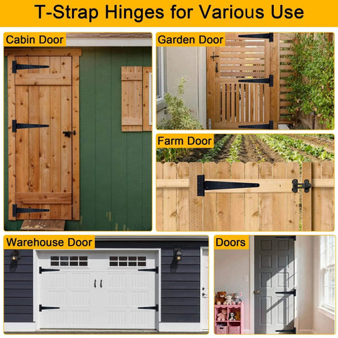 Heavy Duty 12 Inch T Strap Hinges 4 Pack With Screws Rustproof Metal installed on various doors and gates