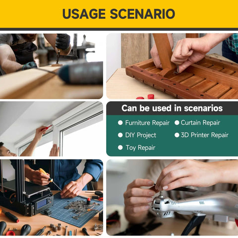 Various scenarios showing M6 Flat Head Hex Socket Cap Screws Set usage in furniture assembly, DIY projects, and repairs.