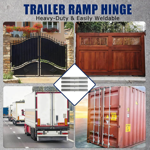 4-Piece Heavy-Duty Trailer Ramp Hinges, Weld-On Door Hinges For 4 To 10 Inch Heavy-Duty Doors, displayed with gates and containers