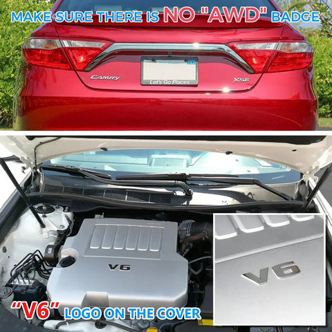 Toyota Camry rear without AWD badge, engine bay showing V6 logo, supporting Beefy Front CV Axle Set For Toyota Camry 2007 To 2017.