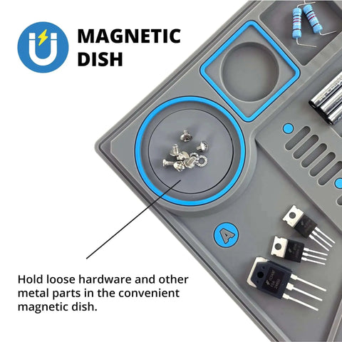 Removable Heat Resistant Silicone Soldering Mat With Magnetic Parts Tray and grid for electronic projects and repairs.