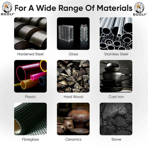 Grid showing materials compatible with Premium Die Grinder Bits Set: hardened steel, glass, stainless steel, plastic, hardwood, cast iron, fiberglass, ceramics, stone.