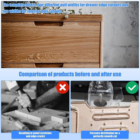 Comparison of drawer before and after using Premium Acrylic Cabinet Handle Template for Drawers and Doors Reusable Scratch Resistant Edge Cutout Guide