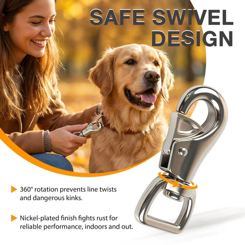 Heavy Duty Bull Snap Hook With Eye Bolt Marine Clip for Boats Trailers and Cargo shown with safe swivel design, nickel finish.