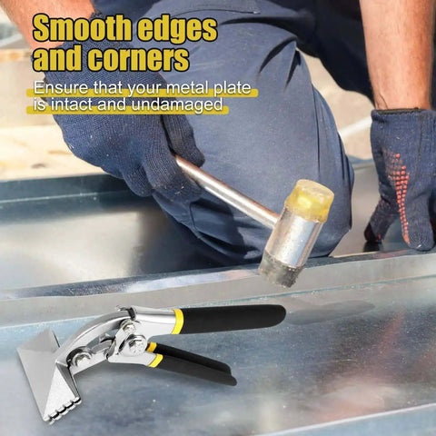 Using Pro Grade 3 Inch Curved Jaw Offset Hand Seamer for sheet metal bending and flattening with a rubber mallet on metal surface.