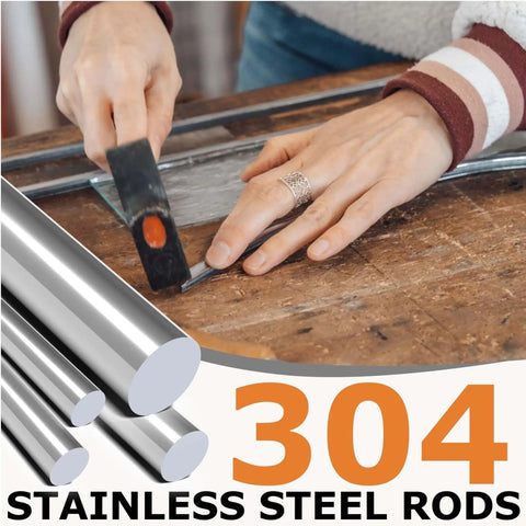 Four Pack Of 304 Stainless Steel Round Rods In One Quarter Inch Diameter By Six Inch Length Ideal For DIY Metalworking Welding Crafting Machining And Construction Projects with a person using them on a workbench