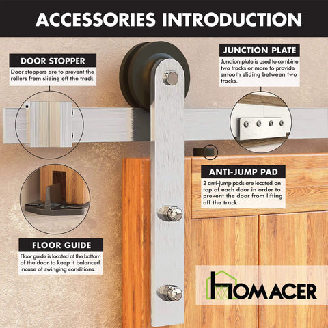 Brushed Nickel Sliding Barn Door Hardware Kit For One Door, 7 Foot Flat Track System With Beefy Straight Rollers, Heavy Duty Interior Use Only, Non Bypass Design, Easy Install For Single Doors, Doors Not Included - accessory components illustration