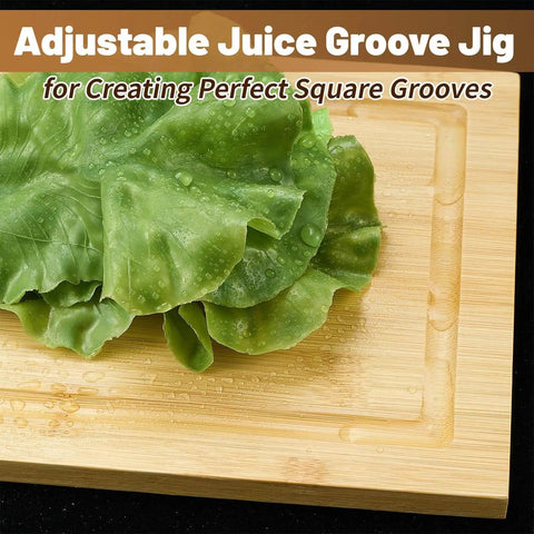 Juice Groove Router Jig With 8 Spacers, Adjustable Groove Guide For Cutting Boards Up To 22 X 29 Inches, light brown wood with lettuce