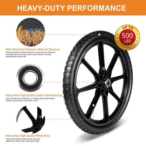 20 Inch Flat Free Wheel And Tire For Wheelbarrow And Garden Cart Replacement Pack Of 2, with polyurethane and bearing details