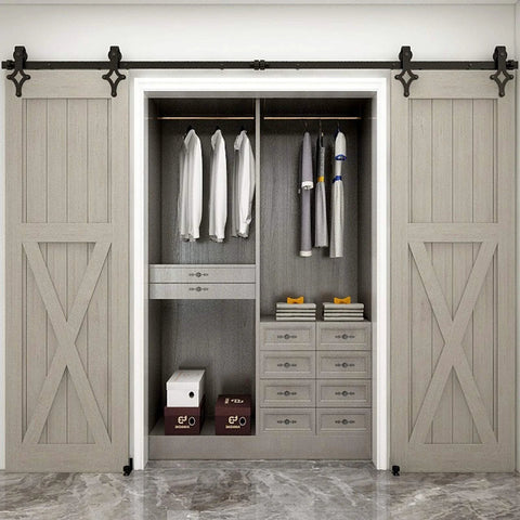 11 Ft Sliding Barn Door Hardware Track Kit With Floor Guide Heavy Duty Built To Last Construction Smooth And Quiet Operation Fits Double Doors Up To 33 Inches Wide Frosted Black Steel Rail System installed on closet doors