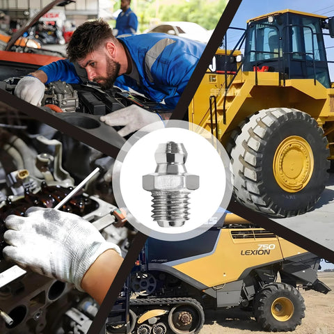 Grease fittings kit, LDEXIN 25-piece M8 hydraulic grease fittings; metal nipple close-up with mechanic and excavator collage