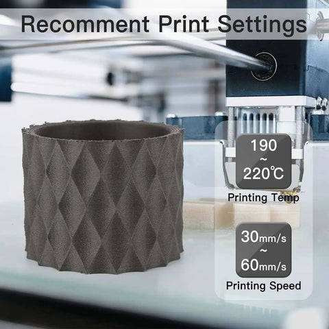 3D printer setup with recommended print settings beside Wood Like PLA Filament Bundle For 3D Printing 1.75mm object