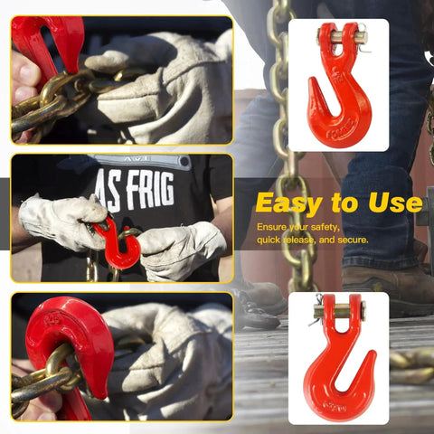 3/8 Inch Clevis Grab Hooks 4 Pack Heavy Duty Grade 70 Forged Steel 7500 Lbs WLL in use with chains