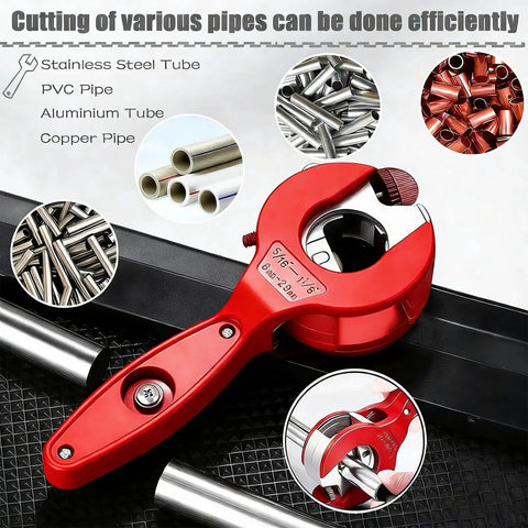 Ratcheting Tubing Cutter For Copper And Metal Pipes Two In One Close Quarters Cutter With Deburring Tool Boxed Set Red Handle