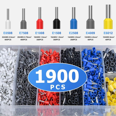 Pro Grade Ferrule Crimping Tool Kit With 1900 Wire Connectors, assorted colored ferrules labeled by size and quantity