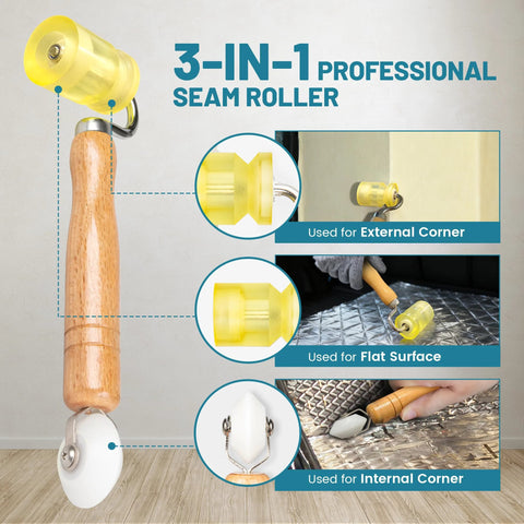 NuIth 3-in-1 seam roller for automotive sound deadening mats with yellow grooved PU roller and wooden handle.