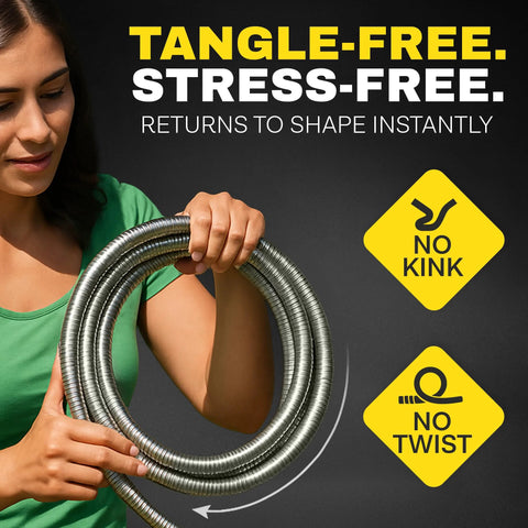 BIONIC STEEL 10 ft garden hose extension, metal coil, 5/8 in diameter, held by a person