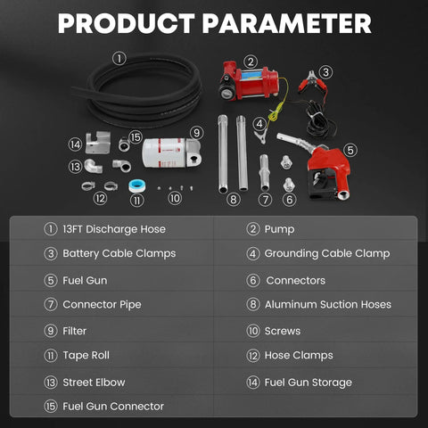 Product components for Heavy Duty 12V Fuel Transfer Pump With 10 GPM, including pump, discharge hose, and accessories.