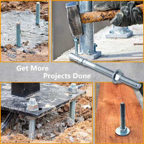 Beefed-Up Wedge Anchors For Concrete And Cement Beams And Machinery Party Animals Three Eighths By Seven Inches Zinc Plated Five Piece Anchor Bolts Set For Industrial Concrete Installations on site