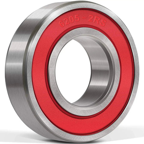 Close-up of a Ten Pack 6205 2RS Double Rubber Seal Bearing 25x52x15mm, showcasing the red rubber seal.