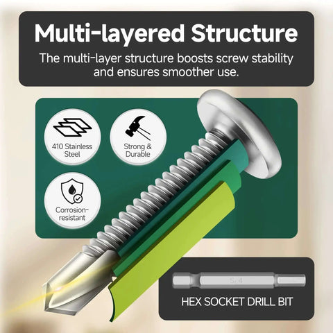 Diagram showing multi-layered 410 stainless steel self-tapping screw and hex socket drill bit with labels for strength and corrosion resistance.