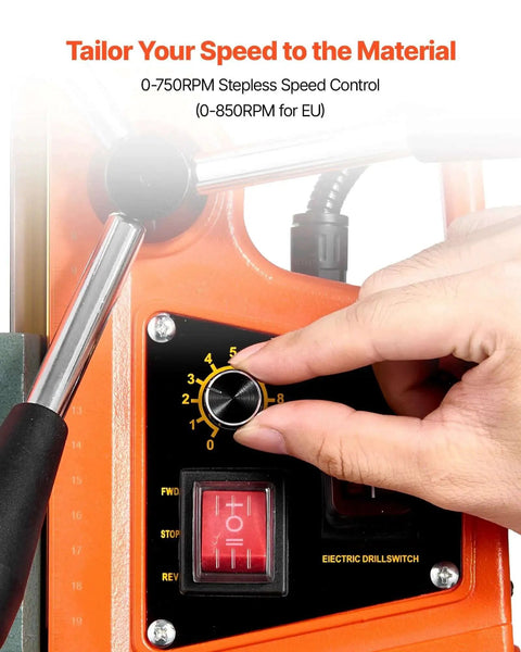 Close-up of the control panel on Magnetic Drill Press Workhorse With 1400W Power 2 Inch Boring Diameter 0 To 750 RPM Variable Speed Reversible Direction Includes 6 Core Bits Electric Mag Drill For Industrial And Home Improvement Projects