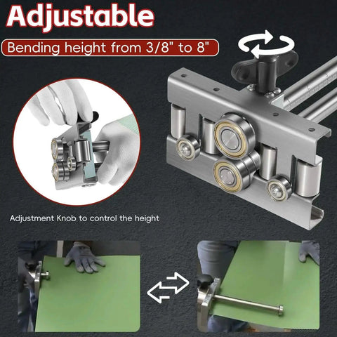 Pro Grade Sheet Metal Bender Tool With Adjustable Bend Height from Three Eighths to Eight Inches showing adjustment knob and bending example