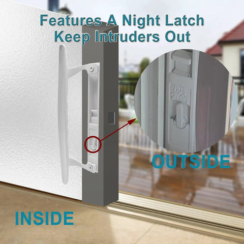 Flush Mount Sliding Glass Door Handleset Non-Keyed With Night Lock And Hook Latch, 6 5/8 Inch Hole Spacing, Fits 1 To 1 1/8 Inch Thick Doors, Non-Handed White Diecast.