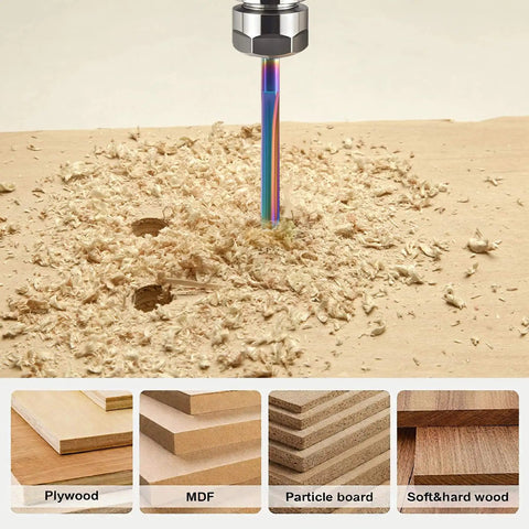 10 Pack CNC Straight Router Bits 1/8 Inch Shank 2 Flute Carbide Straight Milling Cutter With DLC Coating in action on wood