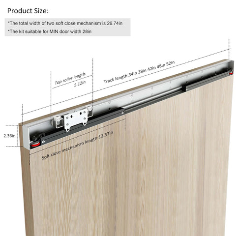 Concealed Trackless Sliding Barn Door Hardware Kit With Soft Close, Wall Mount Design, 34 Inch Rail, Aluminum Alloy, 28 Inch Opening