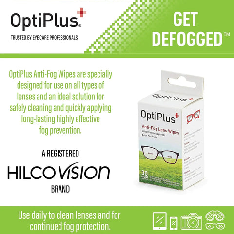 OptiPlus Anti Fog Lens Wipes For All Lenses Long-Lasting Fog Prevention Daily Use packaging with Hilco Vision branding.
