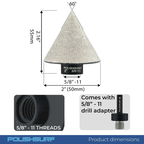 Diamond Beveling Chamfer Bit Two Inch For Ceramic Tile Porcelain And Granite Pro Grade Diamond Tile Hole Saw Enlarger With Core Drill Bit 60 Degree Chamfer Fits Five Eighths Inch Eleven Thread Angle Grinders Or Wet Polishers Plus Hex Shank Adapter