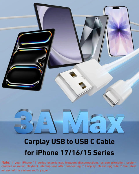 2 Pack USB A To USB C CarPlay Cable For iPhone 17 16 15 Pro Max And iPad 3ft shown with iPhones and USB connector.