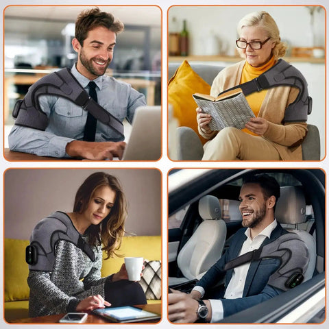 Various people using the Cordless Shoulder Heating Pad With Vibration Massage, showing its portability and comfort for pain relief on the go.