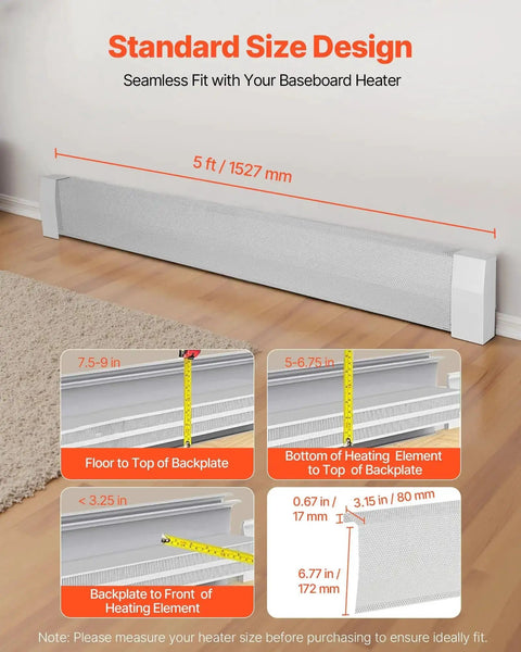 Image showing 5 Ft Baseboard Heater Cover, heavy duty steel front panel for electric heating unit, with measurements and white finish.