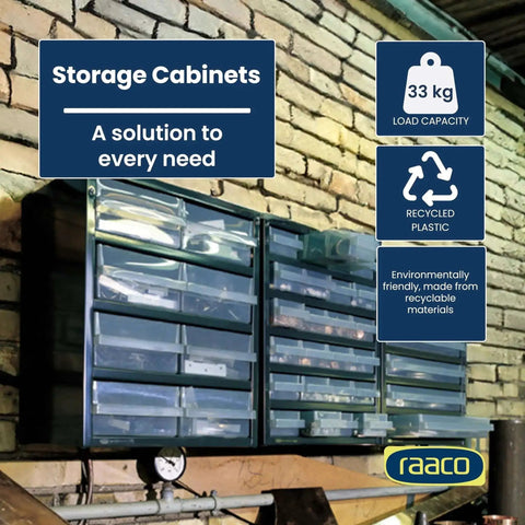 Heavy Duty Steel 44 Drawer Storage Cabinet With Clear Plastic Drawers on workshop wall for organizing hardware