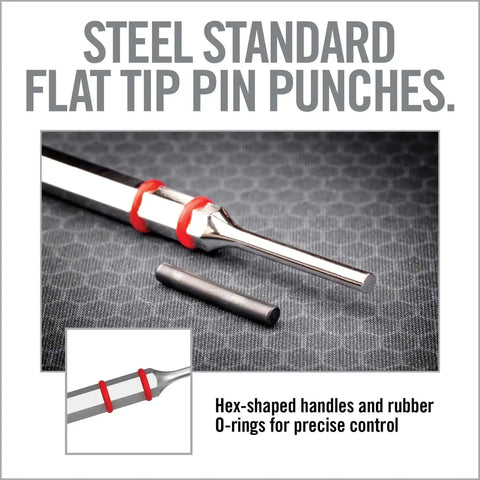 Steel flat tip pin punches with hex-shaped handles and rubber O-rings from All In One Hammer And Punch Tool Kit With Interchangeable Heads