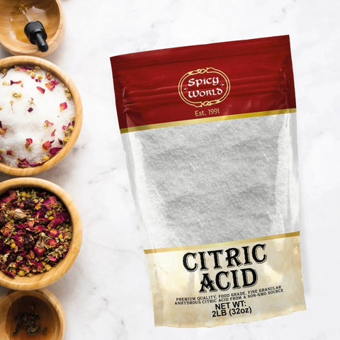 Front view of Citric Acid Powder 2 Lb Bag Food Grade Non GMO Granular For Cleaning Canning with herbs and salt.