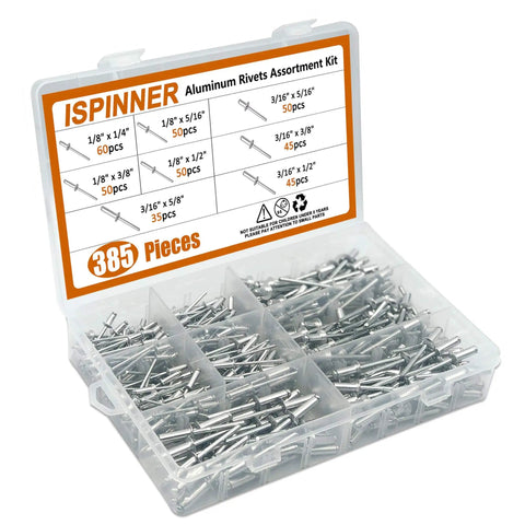 Aluminum Blind Rivets Kit With 385 Pieces In 8 Sizes For Quick Durable Repairs And Heavy Duty Projects Ideal For Home, Auto, Marine, And Workshop Use Silver Finish Pop Rivets Set ISPINNER in transparent case