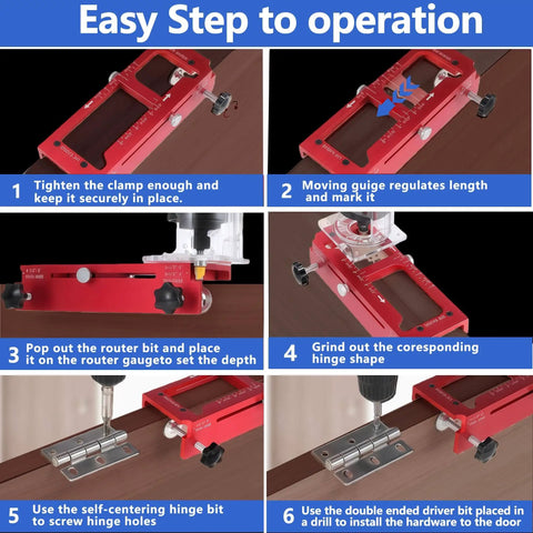 Steps for using Pro Grade Aluminum Door Hinge Jig Kit For Router Use Adjustable Mortise Template