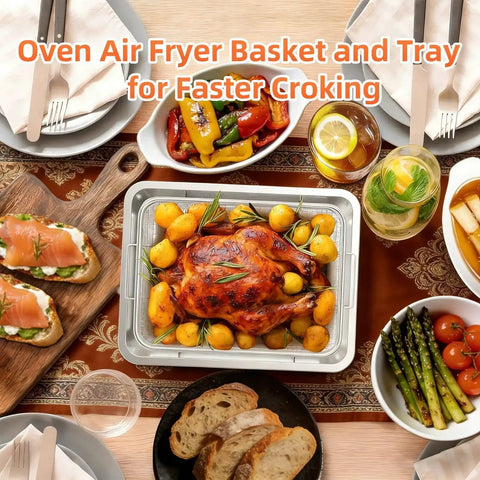 Replacement Air Fryer Tray For TOA 60 65 70 And Similar Sized Convection Toaster Ovens on dining table with roasted chicken