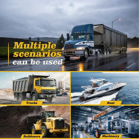 Multiple vehicle types including truck, bulldozer, boat, and machinery on display for various uses.