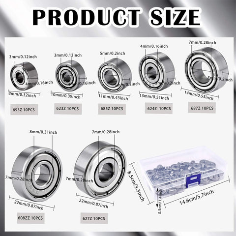 70-Piece Sealed Ball Bearing Assortment Kit 608ZZ 693ZZ 623ZZ 624ZZ 685ZZ 687ZZ 627ZZ with size chart and storage box