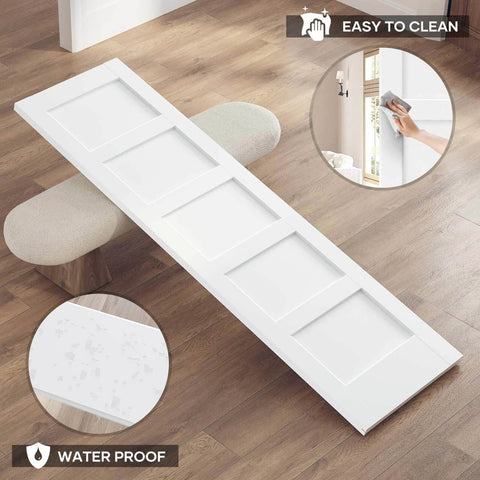 Double 24x84 Inch White Sliding Barn Door Slab With 8 Ft Hardware Kit Included, 5-Panel MDF Wood Panel Covered In Water-Proof Scratch-Proof PVC Surface, Easy DIY Assembly For A Modern, Sturdy Room Divider Or Closet Door.