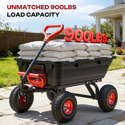 Heavy Duty Garden Dump Cart For Yard Farm And Garden Hauling With 900 Lb Capacity And 10 Inch Non Slip Pneumatic Tires Quick Release System Four Wheel Steel Frame Wagon For Easy Transport And Heavy Load Hauling loaded with sacks in a garden setting