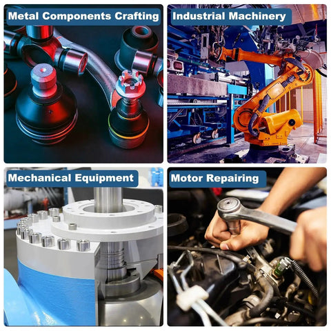 Collage showing metal components crafting, industrial machinery, mechanical equipment, and motor repairing.