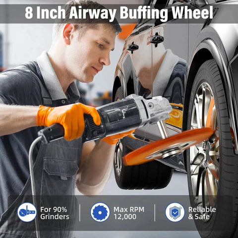 Pro Grade 8 Inch Buffing Wheel Polishing Kit For Four Point Five Inch Angle Grinder With Nine Pieces Includes Four Wheels And Five Aluminum Compound Bars Five Eighth Inch Arbor Car Metal And Paint Finishing For A Mirror Finish in use on car wheel