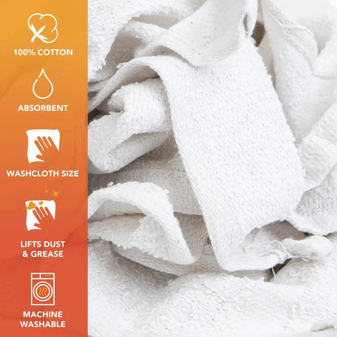 Heavy Duty Terry Cloth Rags For Cleaning, Absorbent Quick Dry Bar Mops, Washable Cotton Blend Wipes, Multi Purpose Rags For Kitchen, Auto Shop And Garage, 5 Lb White Pack For Messes Of Any Size, white close-up